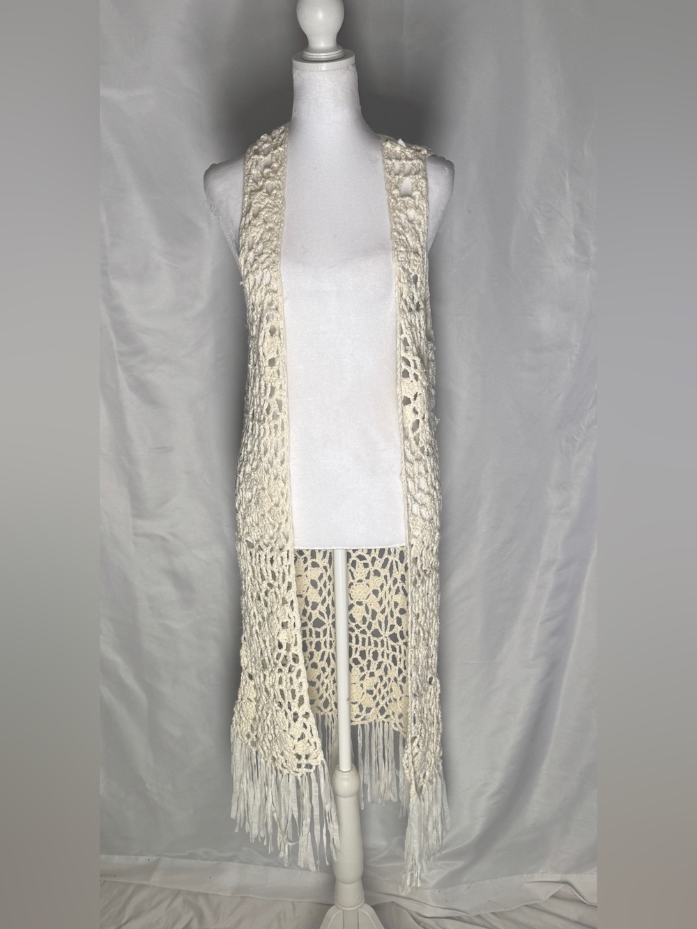 Boho Crochet Fringe Longline Vest Cream Open Knit Festival Layering Piece
